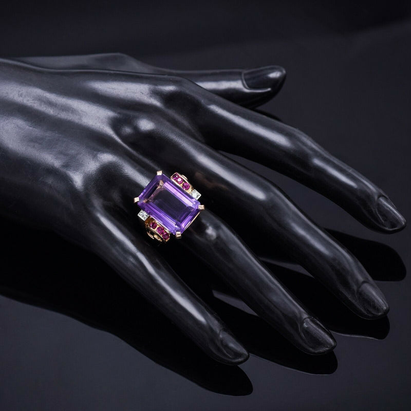Antique 14K Gold 12.31 Ct Amethyst, Ruby & Diamond Cocktail Ring