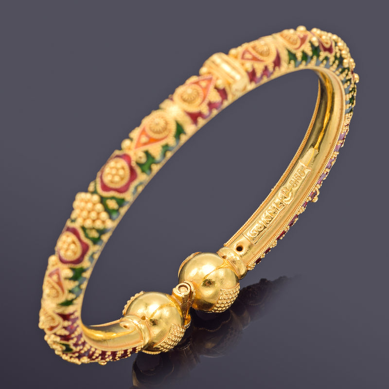 Estate 22K Yellow Gold Red & Green Enamel Screw Hinged Bangle Bracelet 28.7G