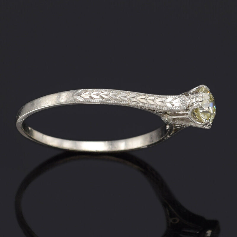 Antique 14K White Gold 0.40 Ct Old Euro Diamond Solitaire Band Ring