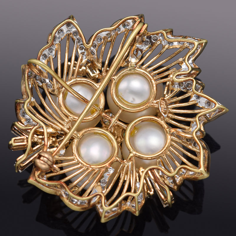 Vintage 18K Gold Natural Tahitian Pearl & 3.09 TCW Diamond Brooch Pin Pendant