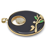 Vintage 14K Yellow Gold Onyx & Multi-Color Jade Kwan Yin, Bird & Branch Pendant
