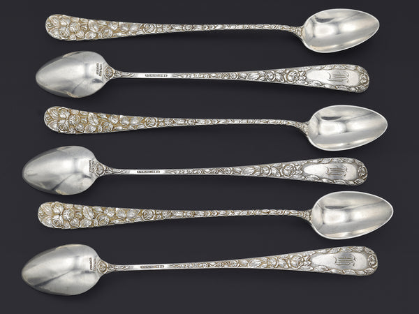 Set of 6 Antique Schofield Sterling Silver Baltimore Rose Ice Tea Spoons w/ Mono