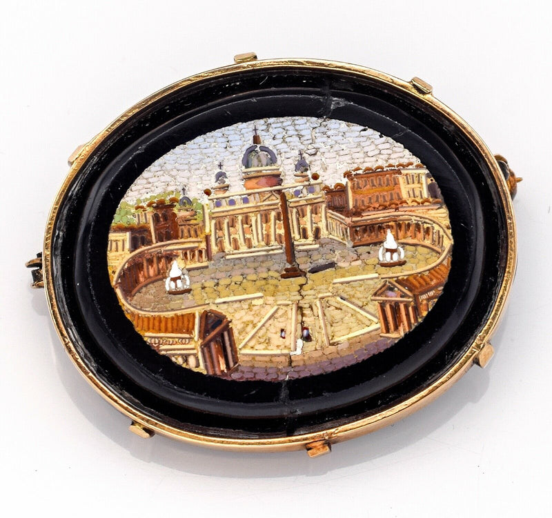 Antique Victorian 14K Gold Onyx St Peter's Square Micro Mosaic Brooch Pin