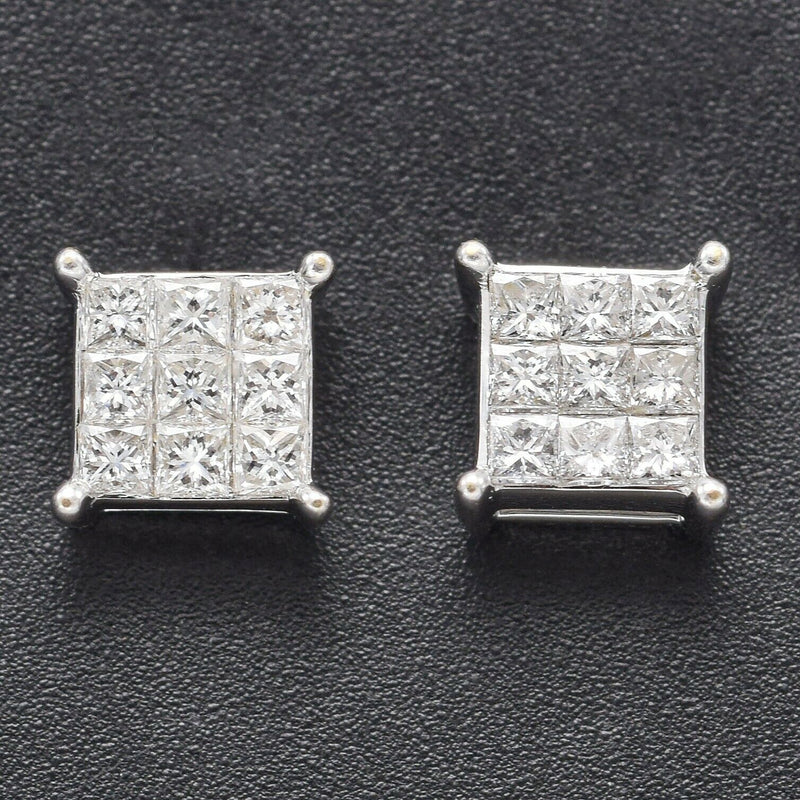 Estate 18K White Gold 0.36 TCW Diamond 3-Row Square Stud Earrings 6.5 mm H VS-SI