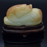 Antique White Red Mutton Fat Jade Carved Lion Beast Figurine with Stand