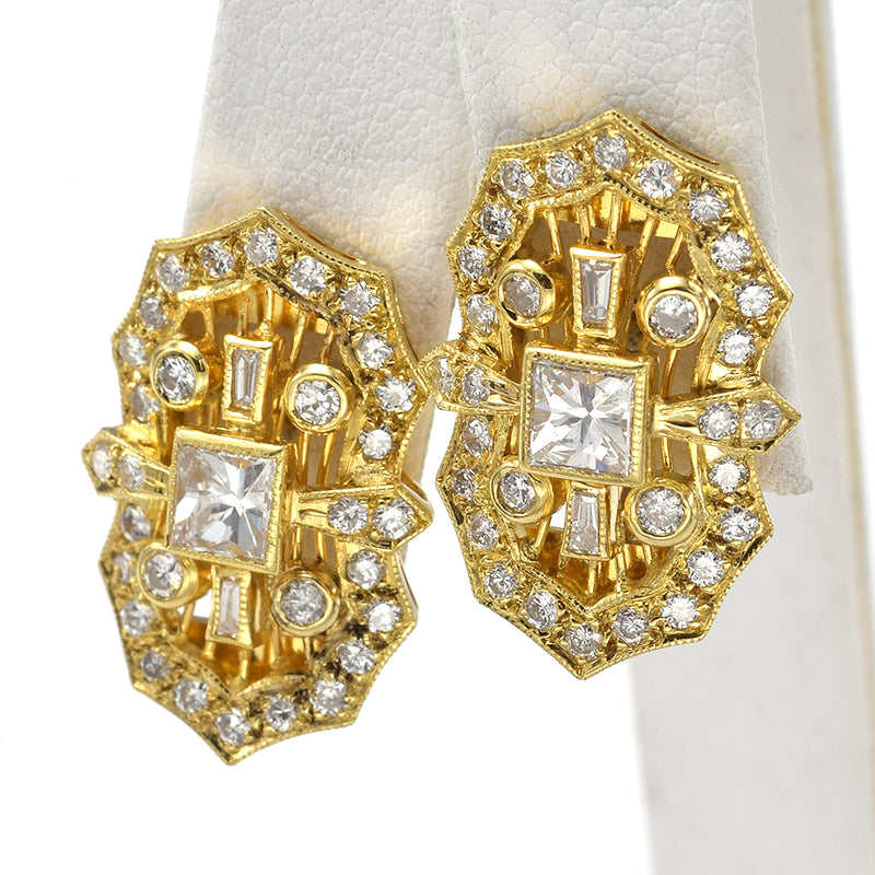 Vintage 18K Yellow Gold 2.02 TCW Diamond Omega Back Earrings