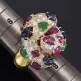 Vintage 18K Gold Sapphire Ruby Emerald & 3.77 TCW Diamond Cluster Cocktail Ring