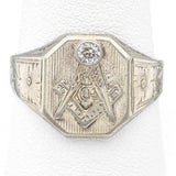 Vintage 10K White Gold Diamond Freemason Masonic Signet Ring Size 10