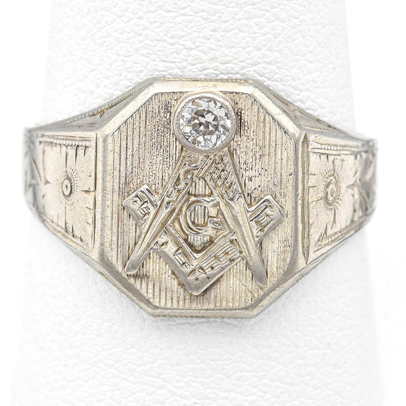Vintage 10K White Gold Diamond Freemason Masonic Signet Ring Size 10