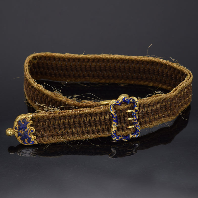 Antique Victorian 18K Yellow Gold Woven Hair Mourning Enamel Bracelet