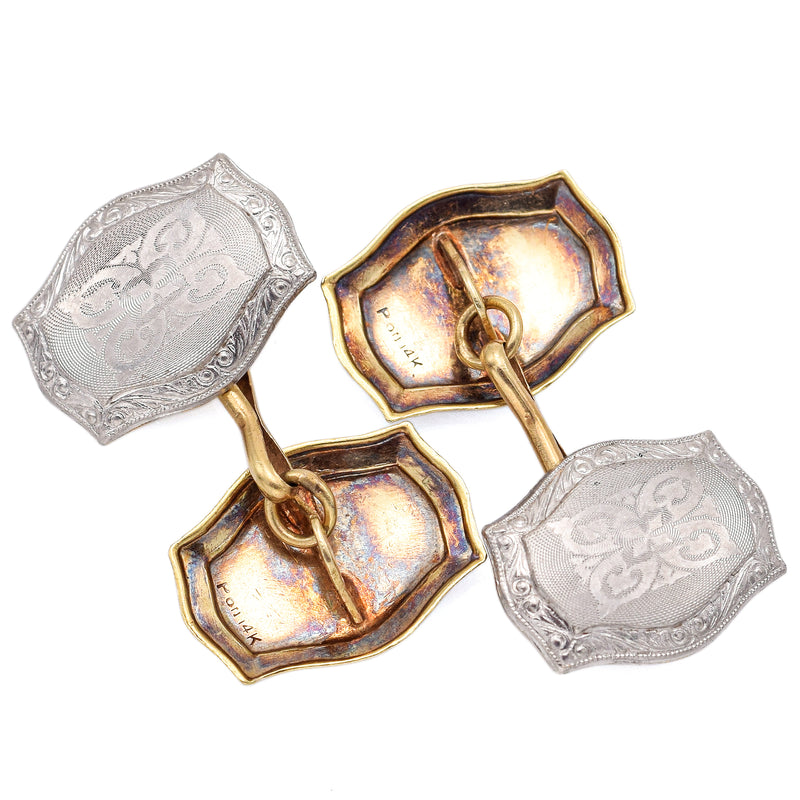 Antique 14K Multi-Tone Gold Etched Ornamental Men's Double Faced Cufflinks