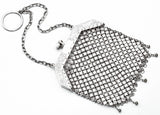 Antique Sterling Silver Asian Floral Etched Mesh Coin Pouch Purse Bag