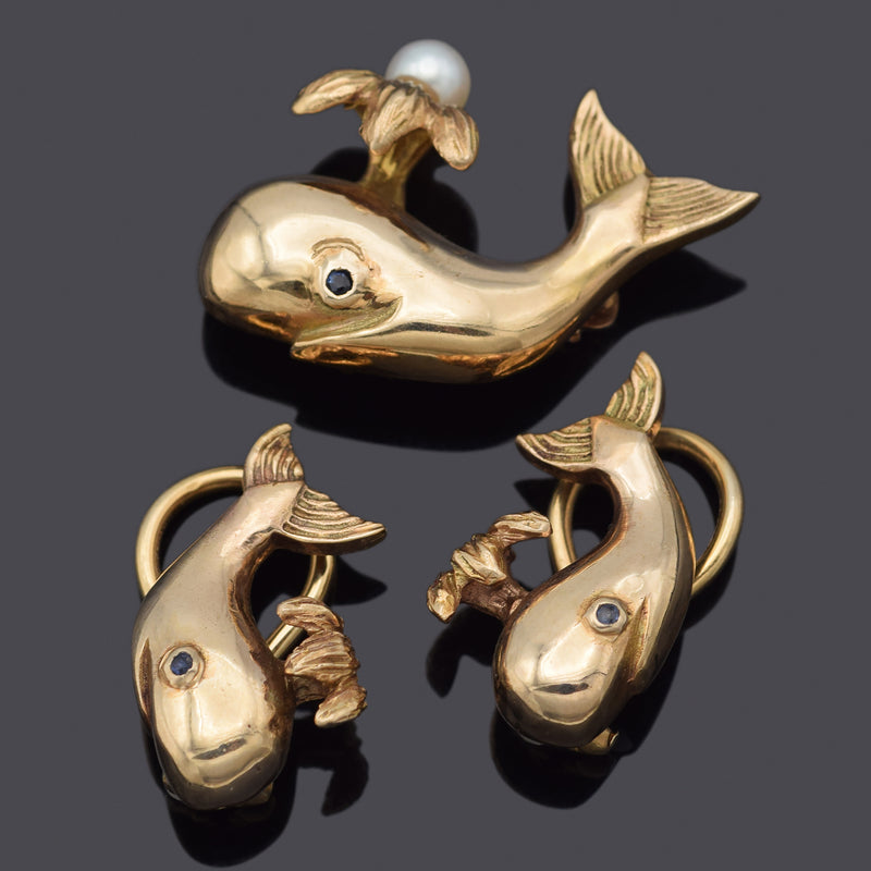 Vintage 14K Yellow Gold Sea Pearl and Sapphire Whale Earrings & Brooch Pin Set
