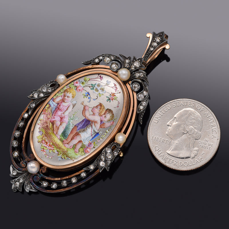 Antique Victorian 14K Gold & SS Diamond Pearl Enamel Cupid Locket Brooch Pendant