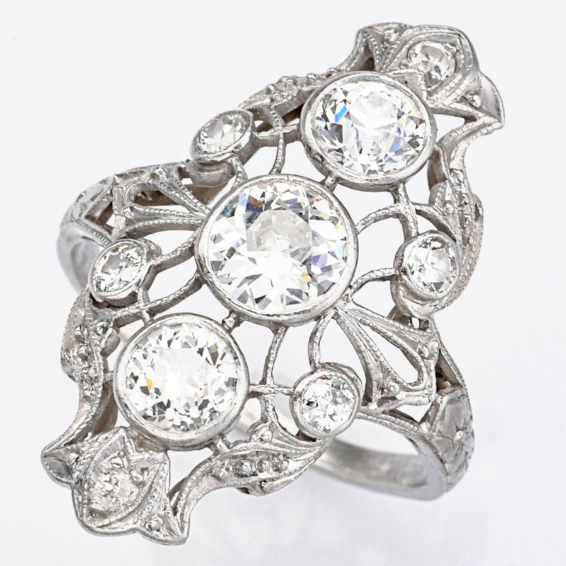 Antique Platinum Old Euro Cut Diamond Art Deco Cocktail Ring