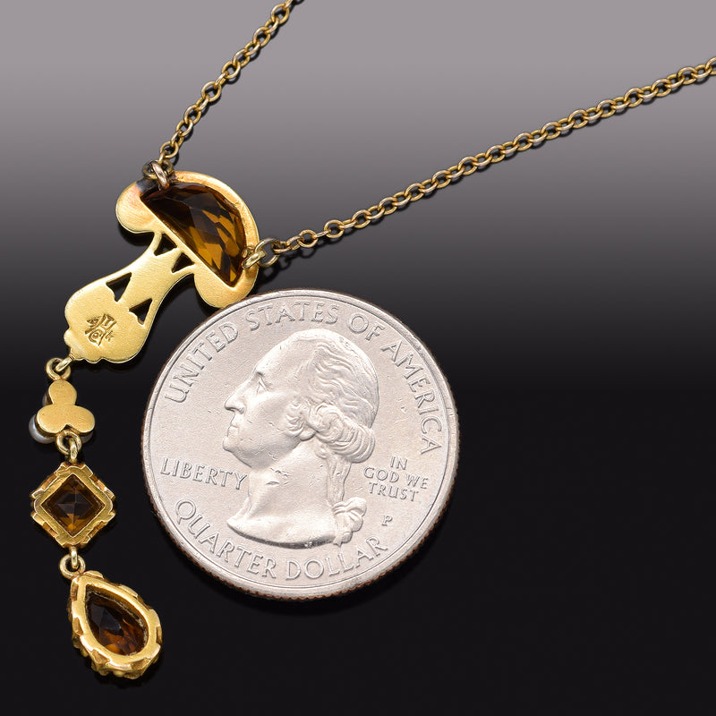 Antique 14K Yellow Gold Citrine & Sea Pearl Necklace