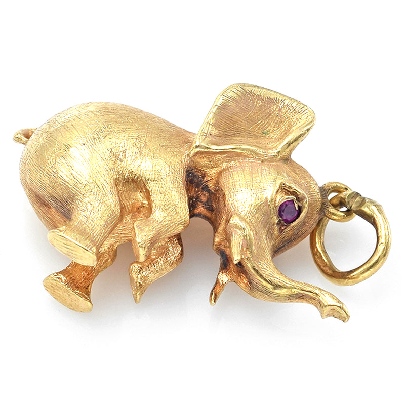 Vintage 14K Yellow Gold Ruby Elephant Charm Pendant