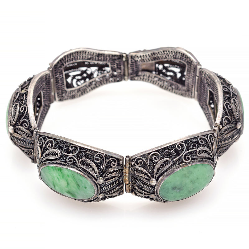 Vintage Chinese Silver Green Jade Filigree Bracelet 47.2 Grams