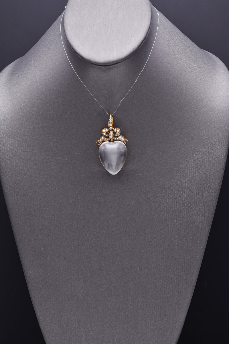 Antique Victorian 18K Gold 42.95Ct Rock Crystal Quartz & Sea Pearl Heart Pendant