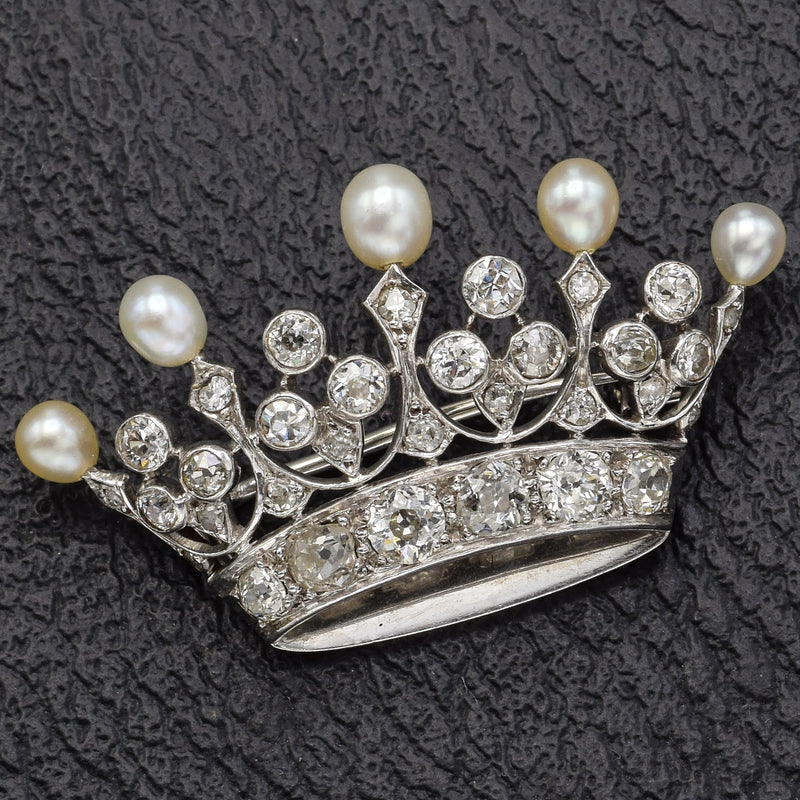 Antique Platinum Old Euro Diamond & Sea Pearl Crown Brooch Pin