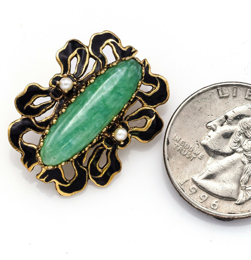 Antique 14K Yellow Gold Green Jade & Sea Pearl Enamel Brooch Pin