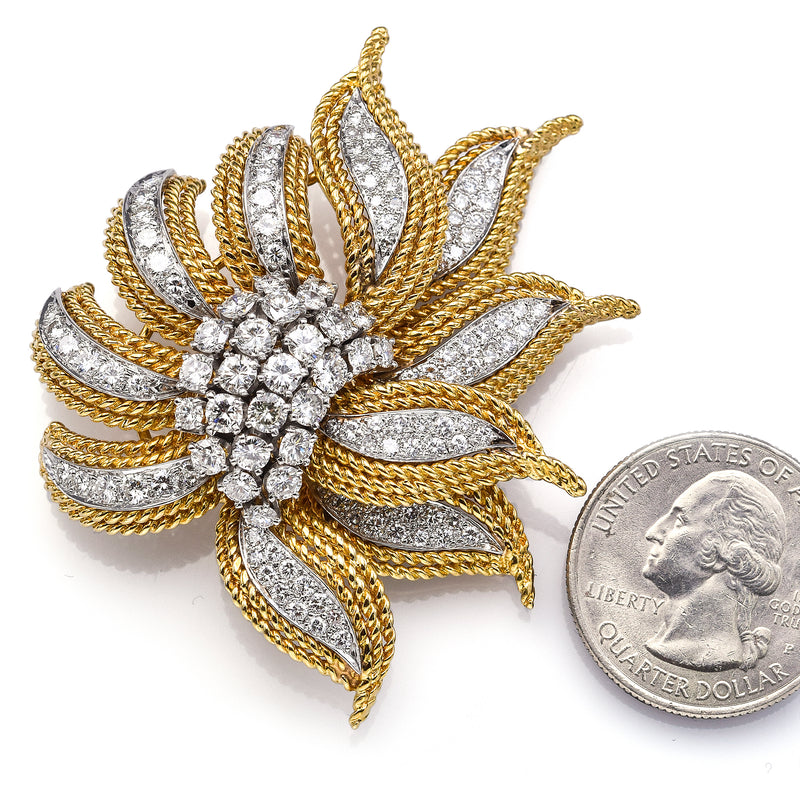 Vintage 18K Yellow Gold & Platinum 6.05TCW Diamond Floral Brooch Pin