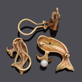 Vintage 14K Yellow Gold Sea Pearl and Sapphire Whale Earrings & Brooch Pin Set