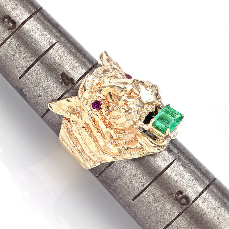 Vintage 14K Yellow Gold Emerald & Ruby Roaring Tiger Band Ring