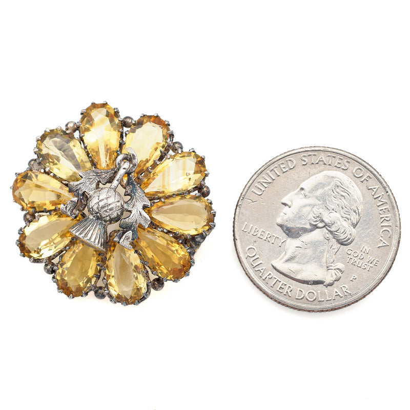 Antique Sterling Silver Citrine Floral Brooch Pin 29.6 x 29.3 mm