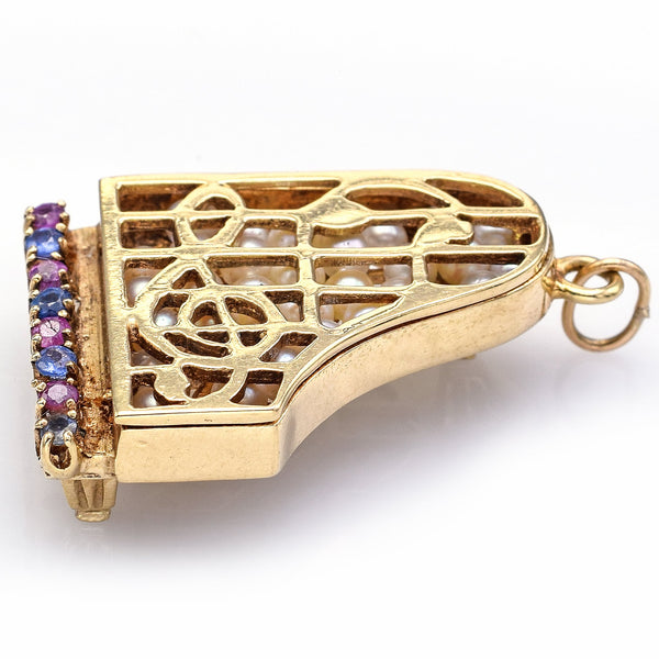 Vintage 14K Yellow Gold Sapphire, Ruby & Pearl Piano Charm Pendant