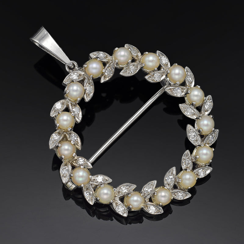 Vintage 18K White Gold Sea Pearl & 0.60 TCW Diamond Brooch Pin Pendant