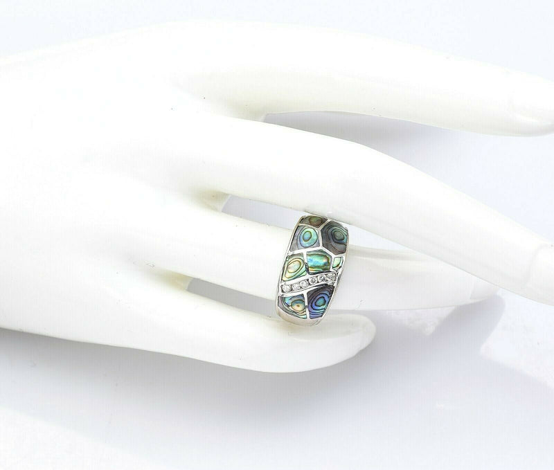 Vintage 14K White Gold Abalone & Diamond Band Ring