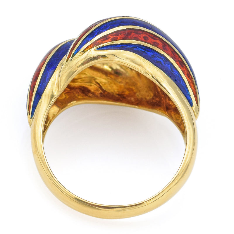 Vintage 18K Yellow Gold Blue & Red Enamel Band Ring