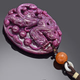 Antique Large Natural Ruby & Jade Carved Dragon Amulet + Box 125.8 Grams