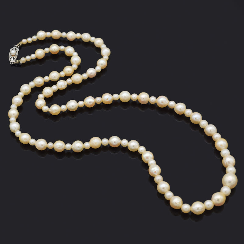 Antique Mikimoto 9K White Gold Sea Pearl Beaded Strand Necklace + Pouch, Box
