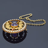 Antique Scottish Thistle 15K Gold Amethyst, Orange Spinel & Sea Pearl Brooch Pin