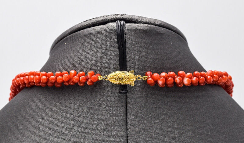 Vintage 18K Yellow Gold Red Coral Beaded Strand Necklace