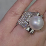 Vintage 18K White Gold Sea Pearl & 3.85 TCW Diamond Cocktail Ring 19.4G Size 5
