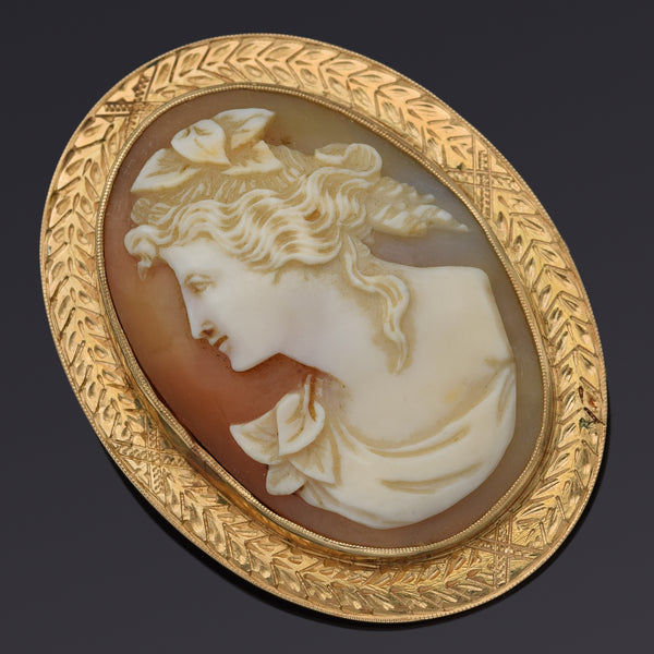Antique 14K Yellow Gold Cameo Shell Brooch Pin Pendant