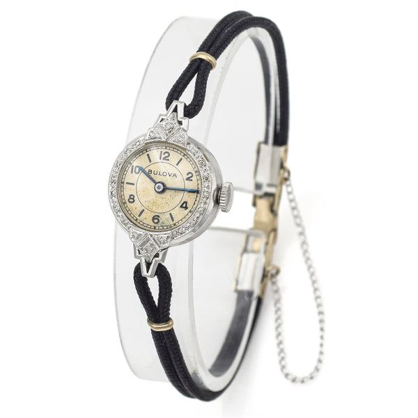Antique Bulova 14K White Gold 17 Jewels Cal. 7AL Diamond Women's Hand Wind Watch