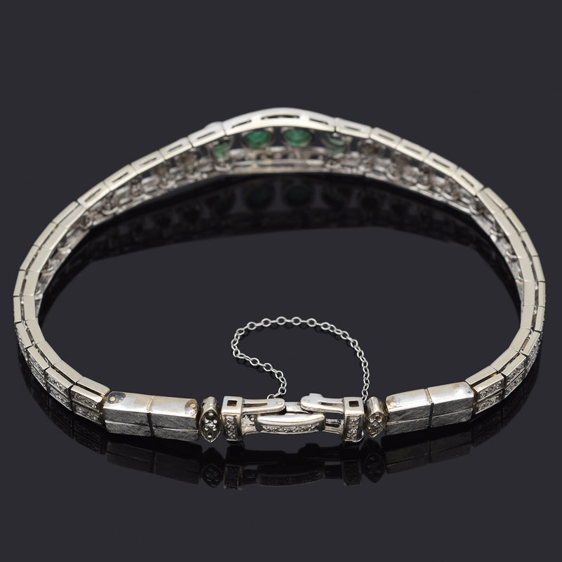 Antique Art Deco 14K White Gold Emerald & 1.66 Diamond Tennis Bracelet