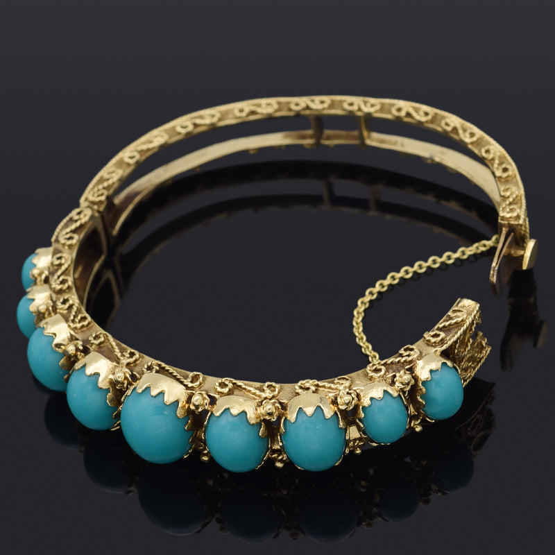 Antique 14K Yellow Gold Turquoise Hinged Bangle Bracelet