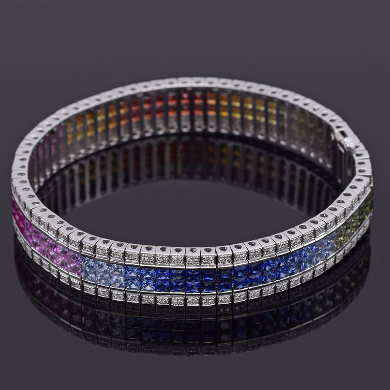 18K White Gold Rainbow Sapphire & 1.44 TCW Diamond Wide Tennis Bracelet H/I VS