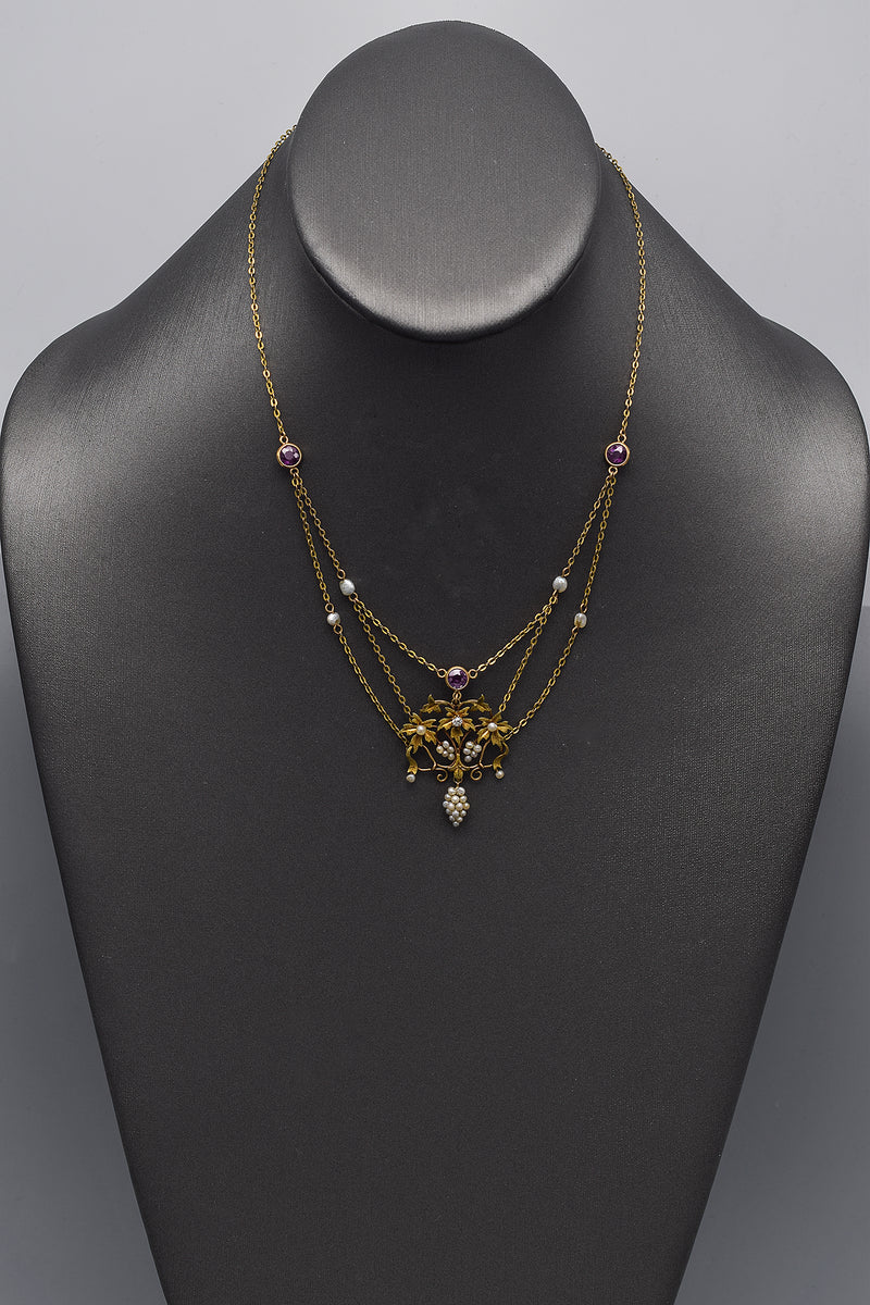 Antique 14K Gold Amethyst, Diamond & Sea Pearl Grape Vine Pendant Necklace