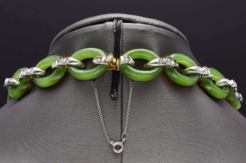 18K Gold Green Jade & 7.48 TCW Diamond Cable Link Necklace Earrings Bracelet Set