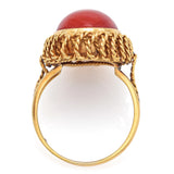 Vintage 14K Yellow Gold Red Coral Cabochon Oval Cocktail Ring
