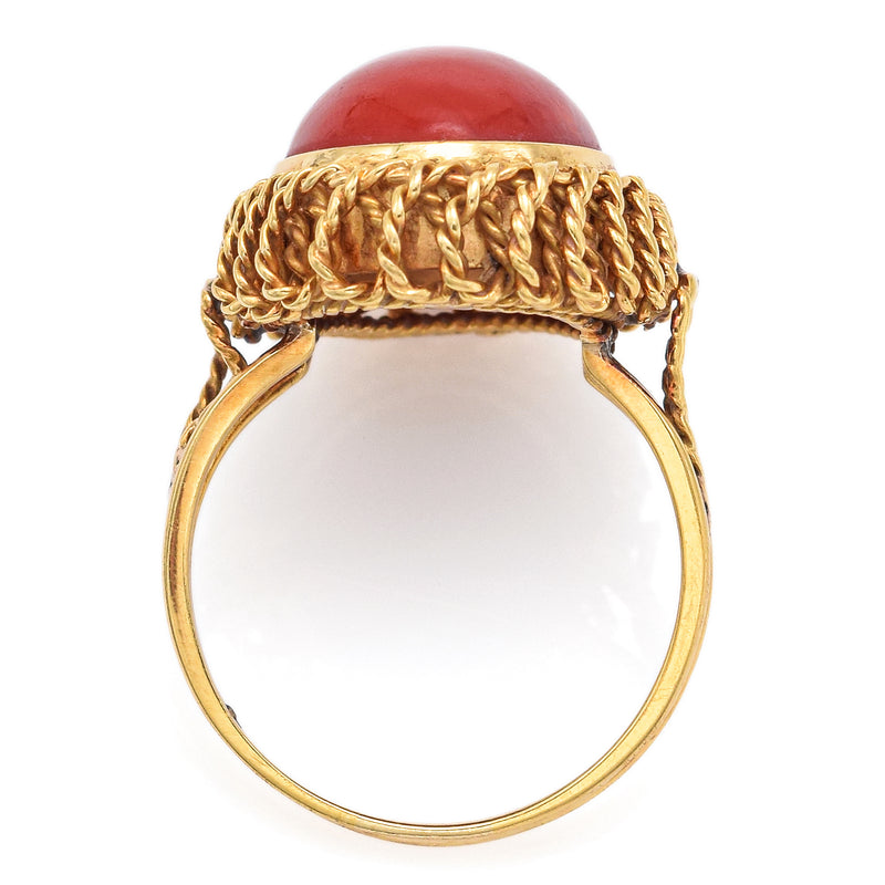 Vintage 14K Yellow Gold Red Coral Cabochon Oval Cocktail Ring