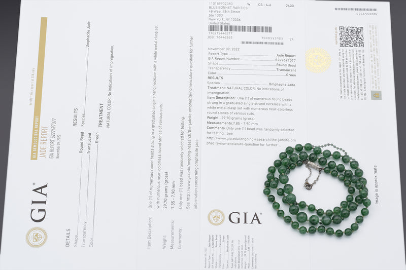 GIA Antique Platinum Translucent Green Omphacite Jade & Diamond Beaded Necklace