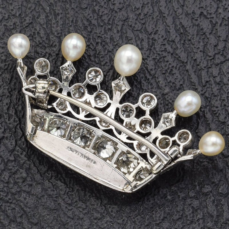 Antique Platinum Old Euro Diamond & Sea Pearl Crown Brooch Pin