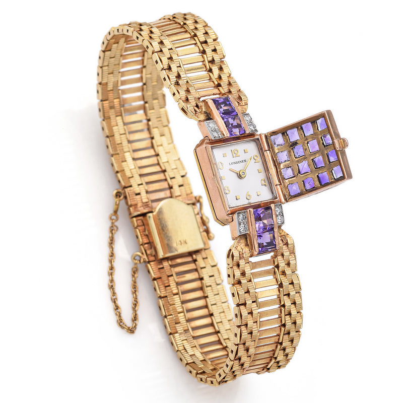 Vintage 14K Yellow Gold Amethyst & Diamond Hand Wind Women's Watch +Box